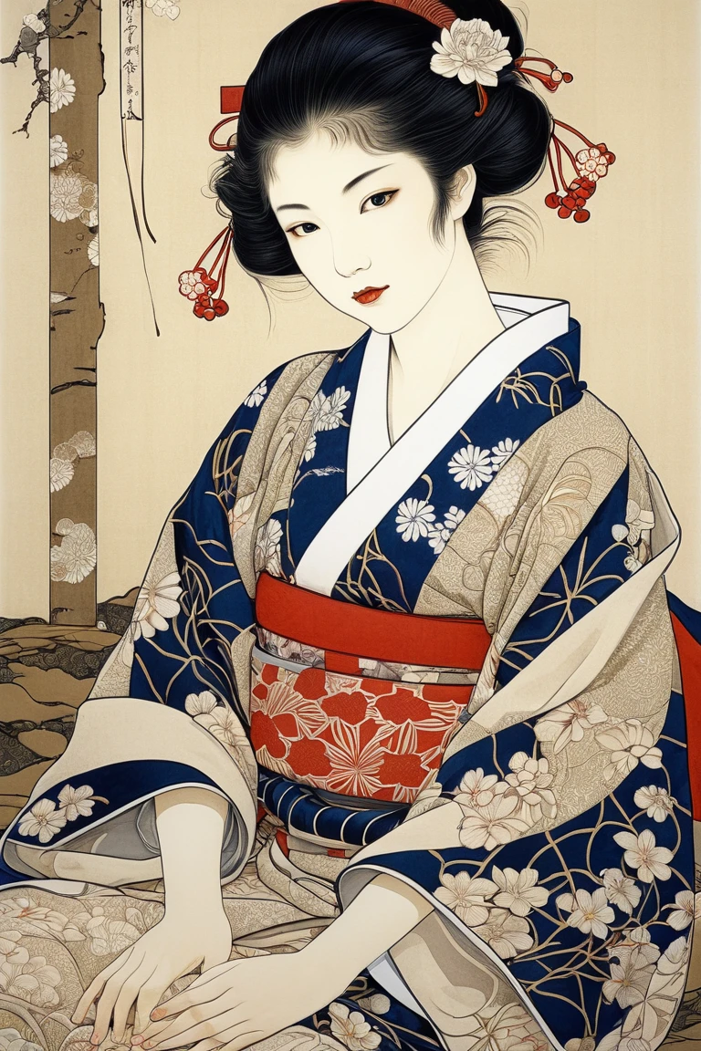 (old engraving,color engraving,cup of cold tea,japanese beautiful girl,japanese ink drawing,detailed eyes,red kimono,serene expression,fine lines,cultural background,antique style,nature scenery,traditional teaware,delicate features,flowing hair,peaceful atmosphere,vibrant colors,artistic interpretation,light and shadows,ethereal beauty,subtle textures) (best quality,ultra-detailed,realistic:1.37)