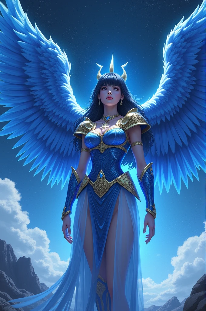 uma mulher em um vestido azul com asas e uma coroa, Artgerm Julie Bell Beeple, Artgerm detalhado, Charlie Bowater e Artgerm, como visto no Artgerm, Artgerm extremamente detalhado, Artgerm. High detail, deusa. Detalhes extremamente altos, as a mystical valkyrie