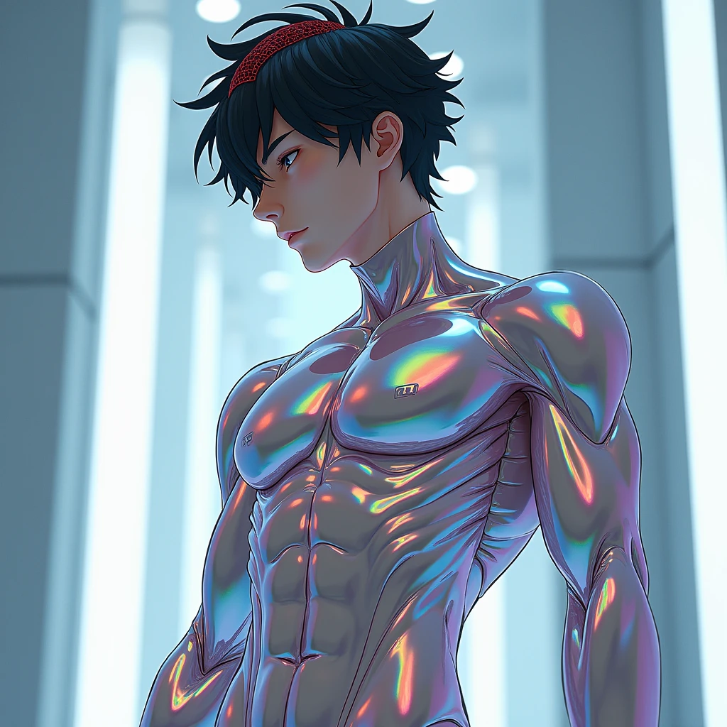 Japanese Handsome model male smile Black Hair Short cut Short hair looking at the camera Shiny full-body silver leotard Mega Bulge looking at the camera future world There is one full moon in the background Face close-up Bunny ears Metallic Silver Leotard Mega Bulge Leg spread