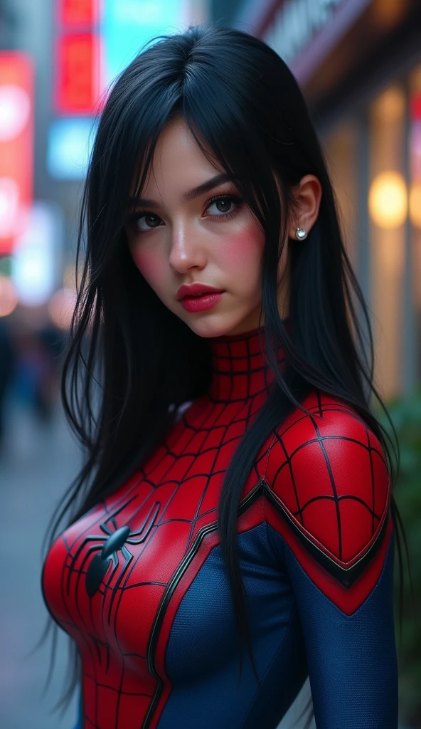 Schöne Frau detailliert definierter Körper mit Spider-Man-Cosplay, kleine Brüste, asymmetrical hair, messy hair, parted bangs, light smile, annoyed, Hyperrealism, cinematic lighting, Fujicolor, social media composition, perspective, Eye-Level Shot, Canon, UHD, masterpiece, high quality, award winning, best quality, highres