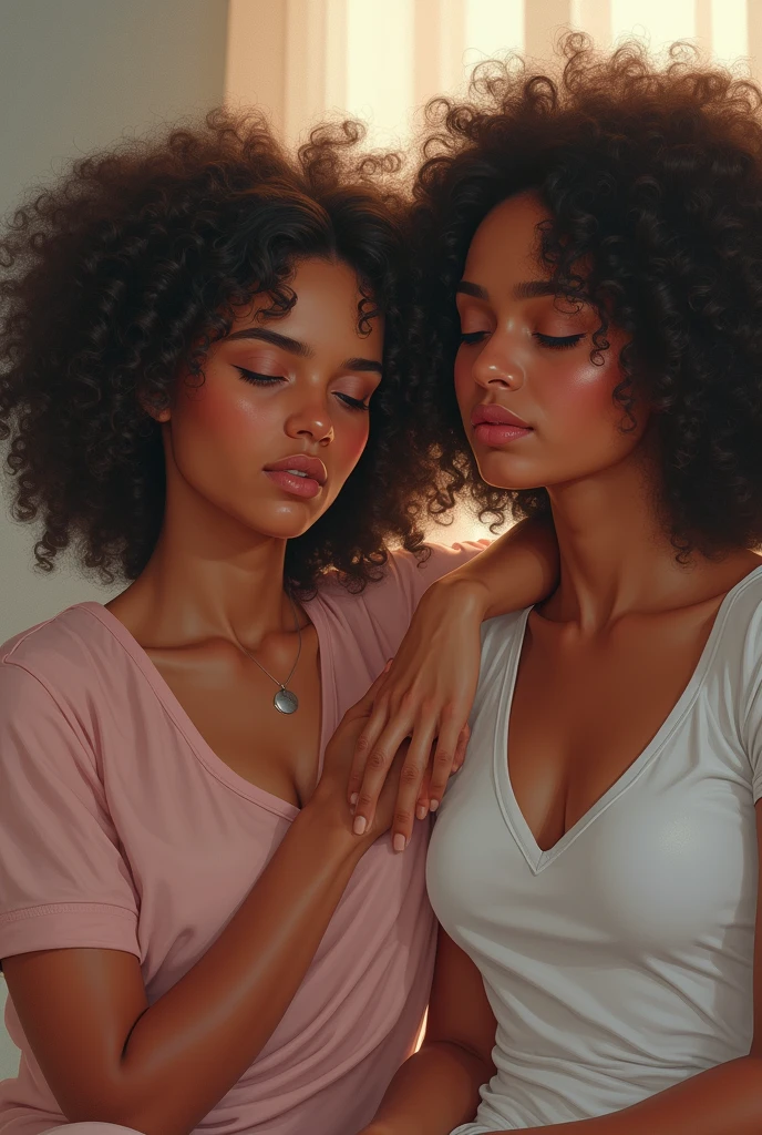 Beautiful Lighting, (1girl: curly hair, short hair), black pajamas, tan skin, freckles, twoheads, in bed, laying on back, ((heads looking at each other)),