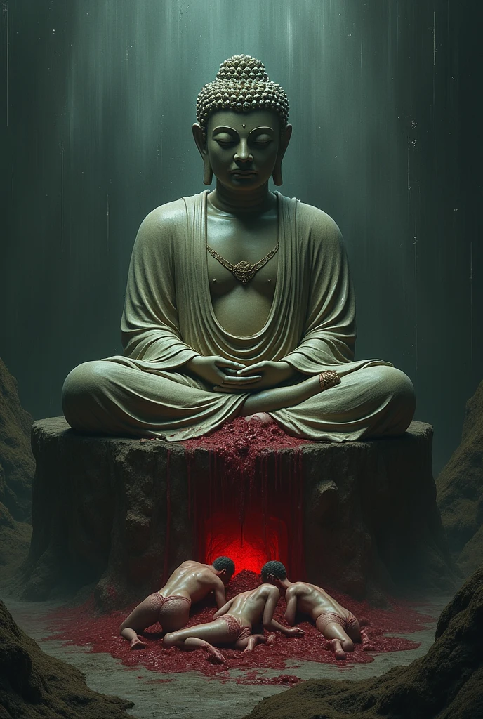 best quality, masterpiece, realistic photo of an broken Buddhist statue covered with moss and blood in a ancient and broken temple with insanely details, blood, bone, 