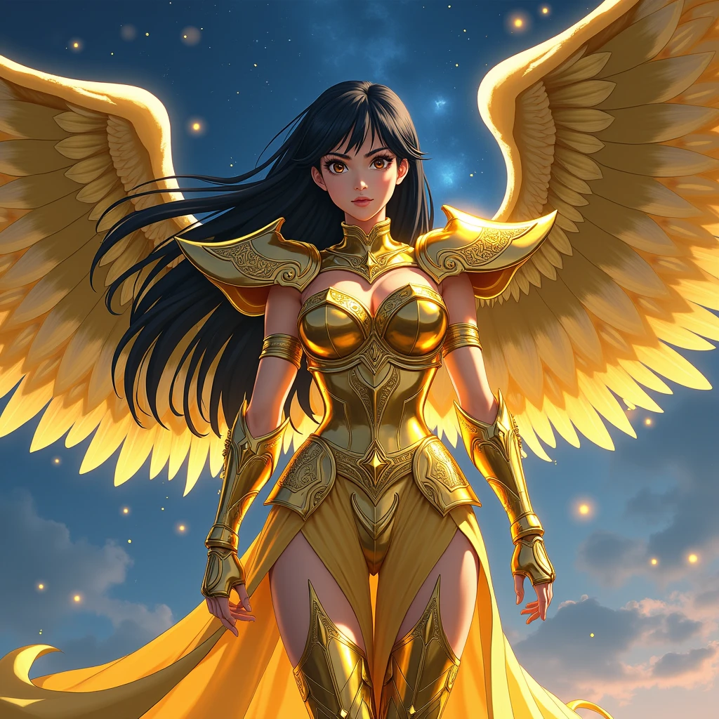 1 girl, angel with a pair of giant wings on her back, long black hair tied up, green eyes, Greek armor in all body, Greek helmet, confident, (best quality,4k,8k,highres,masterpiece:1.2),ultra-detailed,(realistic,photorealistic,photo-realistic:1.37),digital painting,cinematic lighting,dramatic lighting,highly detailed face,intricate details,fantasy,epic,mystical