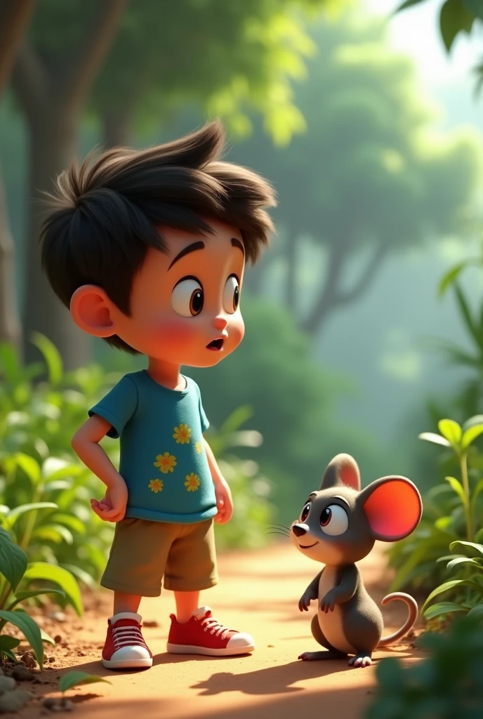 Create an image of Léo, the boy in his yellow shirt and blue shorts, and Remy, the mouse with his small, round blue hat, standing in front of a sparkling waterfall with a hidden cave behind it. Inside the cave, a golden light reveals a magical nut resting on a high stone pedestal.
