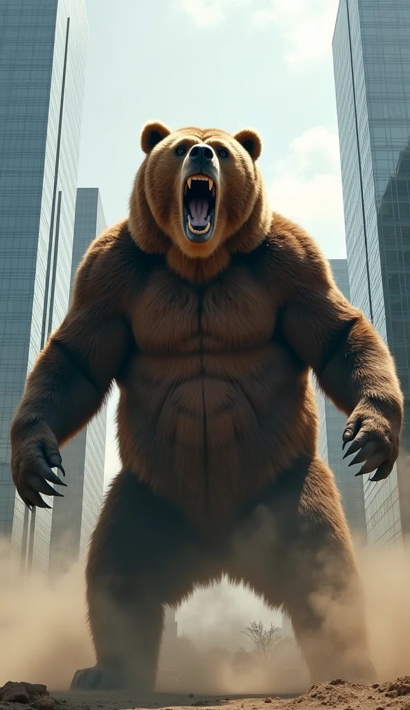 muscular giant bear,higher than the building,Destroying cities