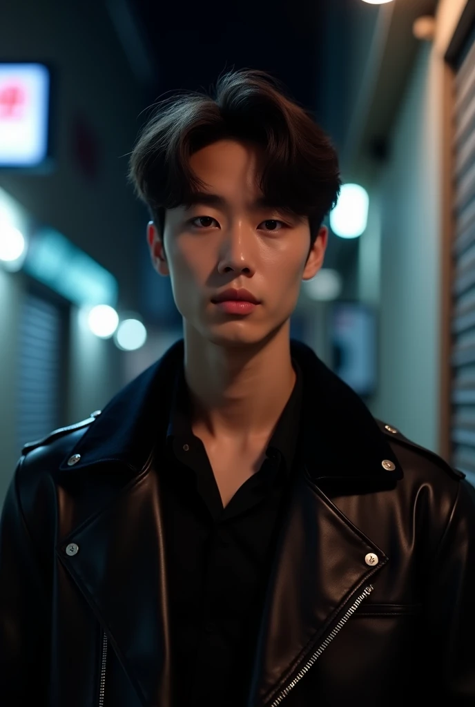 sex, masculine, Age 28, (Model, korea 연예인), (best quality:1.2, 8K resolution, mackerel:1.2), (Asian, korea, amazing:1.4), black short hair, Handsome, pale skin, (On the road at night:1.4), Nighttime, bar, dim lighting, abandoned, HD 8K image, masterpiece:1.2, confident smile, smarmy,