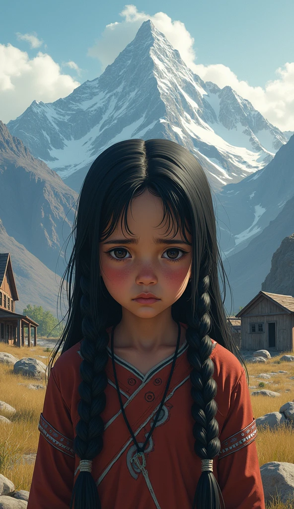 Child with indigenous features, con su vestimenta tipica, parado solo con una mirada triste, rodeado por un bosque que se incendia, estilo realista, 8k, obra maestra