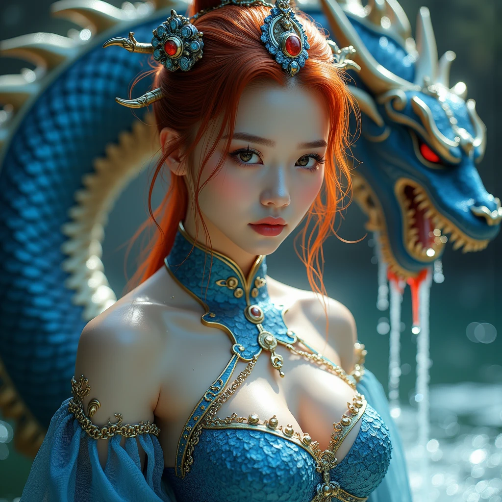 (8K、Raw photo,Best Quality, masuter piece:1.2, Intricate details, Wallpaper、超A high resolution)、(Realistic)、(Photorealistic woman:1.5)、(Photorealistic dragon:1.20)、Very exquisite and beautiful girl、20yr old、(Woman in a full body shot:1.5)、Clean face、A detailed face、Very detailed、amazing、with exquisite details、Official art、super detailed、perfectly proportions、Beautiful curvaceous、high-level, beautiful detail、woman、With a radiant face, Woman Standing in Front of Dragon、Full body、(Long Dragon:1.20)、(detailed dragon:1.20)、(Floating blonde hair)、jade water book, Water, vague, Full of water energy, All mechanical, Pink Mechanical, mix4,Chinese style
