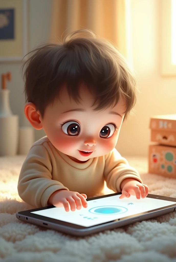 Create a 4K photorealistic image of a boy named Néo with big, thoughtful eyes and long lashes, smiling softly. He has full cheeks and is dressed in a soft, pastel-colored onesie. The photo captures him sitting on a rug with building blocks, his face lit up by the warm afternoon light. The image is taken with a prime lens (50mm f/1.2) to focus sharply on his face while blurring the background gently, emphasizing his imaginative expression. A slight zoom is applied to highlight the warmth and creativity of the scene. Ensure that his hands are visible with exactly five fingers.
