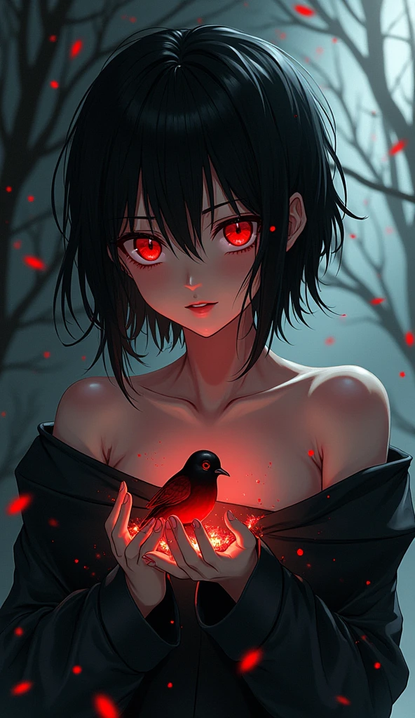  anime girl with black hair and red eyes holding a bird, gapmoe Yandere, Yandere, gapmoe Yandere grimdark, akane owari danganronpa, Yandere. high, 2d anime style, retrato gapmoe Yandere grimdark, By Jin Homura, Kill la Kill illustration ,  with glowing red eyes , Intricate Yandere, muscle girl, sexy Christmas, short hair