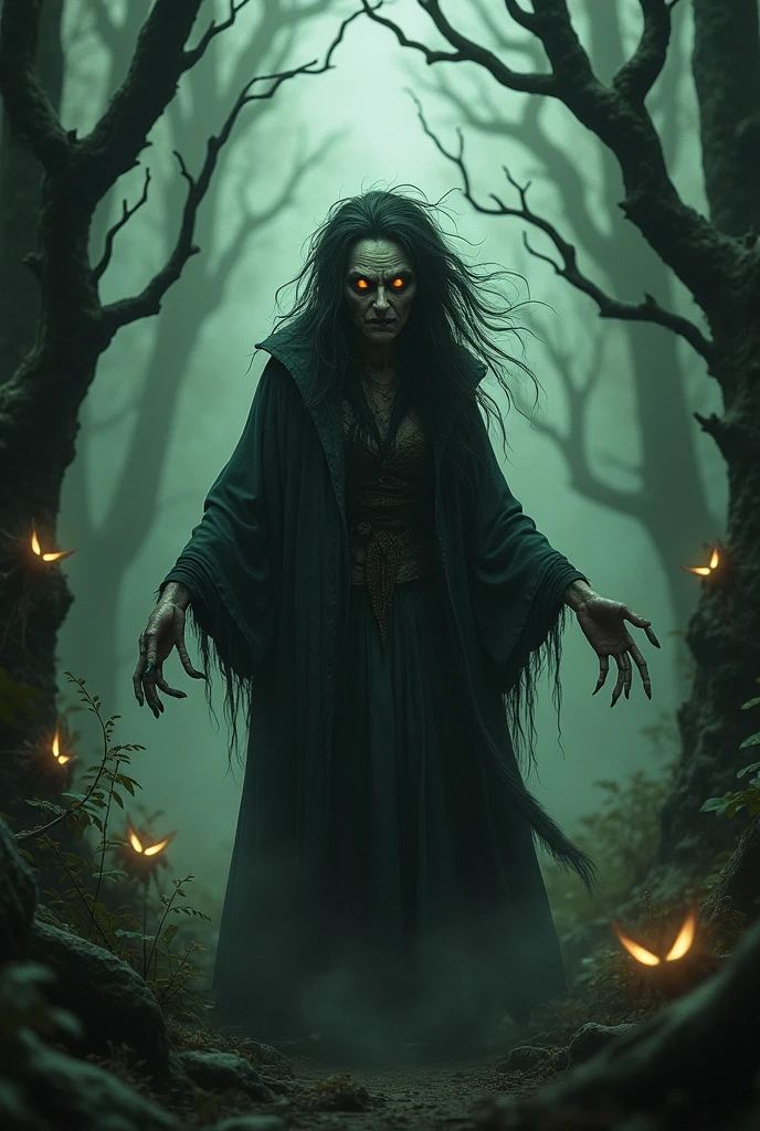 Green witch with evil red eyes with claws and realistic scary smile