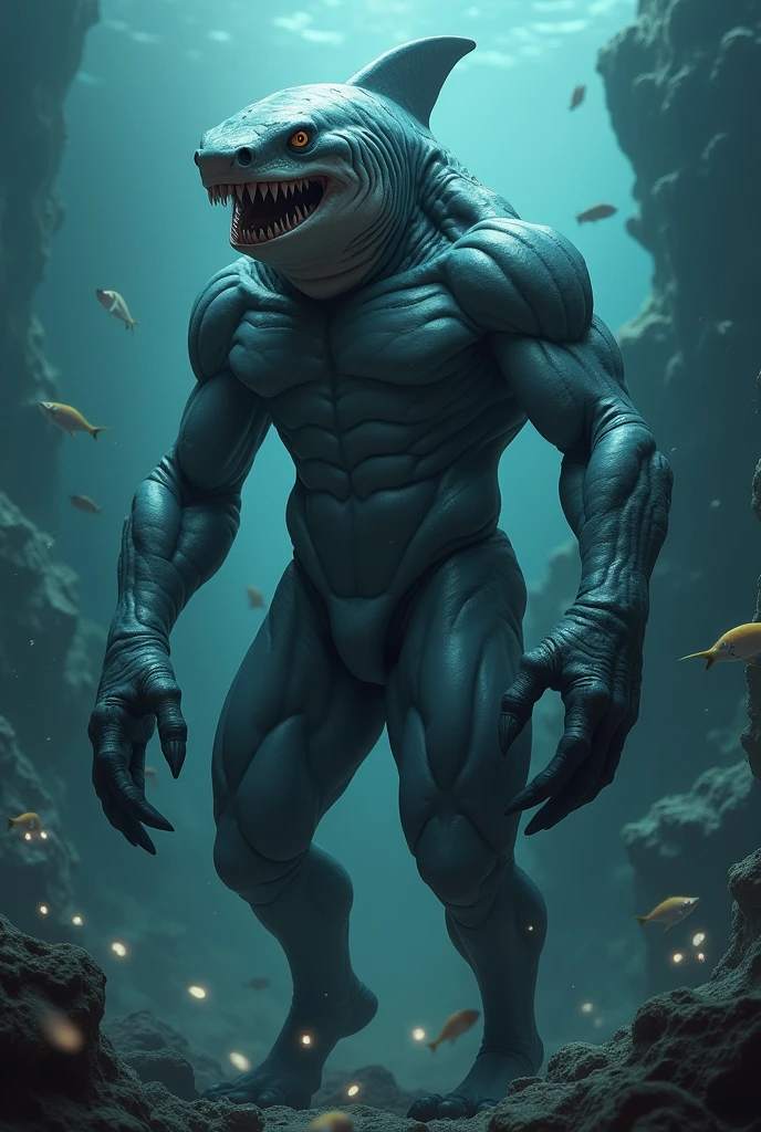 Human with shark face.
