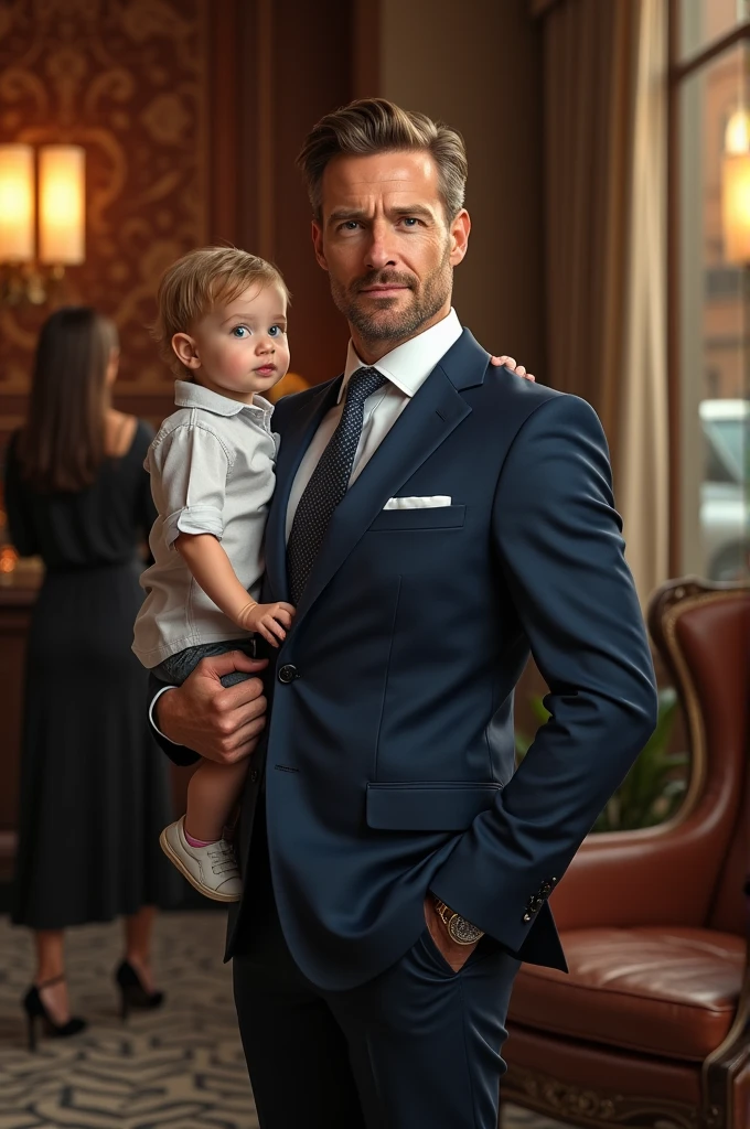a very handsome man, standing, at thirty-seven years old, blond, straightened hair, and blue eye, manly face, serious expression, wearing a suit and a tie, dress pants, carrying a one year old on her lap. Full-body image. perfects eyes. handsome man cute baby, perfects eyes