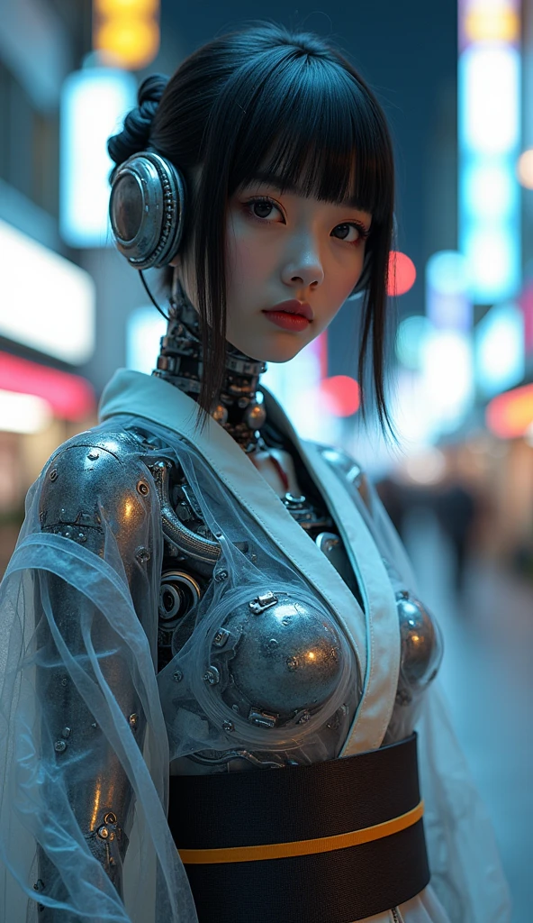 a woman robot with full mechanical grey and silver body, with gears, cables, and iron plates, (wearing transparent Yukata:1.4), the body is seen underneath the yukata, she is looking at viewer,  front view, center framing, the background is the futuristic cyberpunk city, night time, with neon lights, digital art.