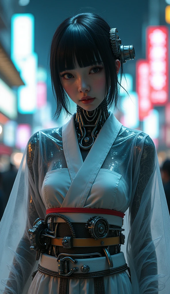 a woman robot with full mechanical grey and silver body, with gears, cables, and iron plates, (wearing transparent Yukata:1.4), the body is seen underneath the yukata, she is looking at viewer,  front view, center framing, the background is the futuristic cyberpunk city, night time, with neon lights, digital art.