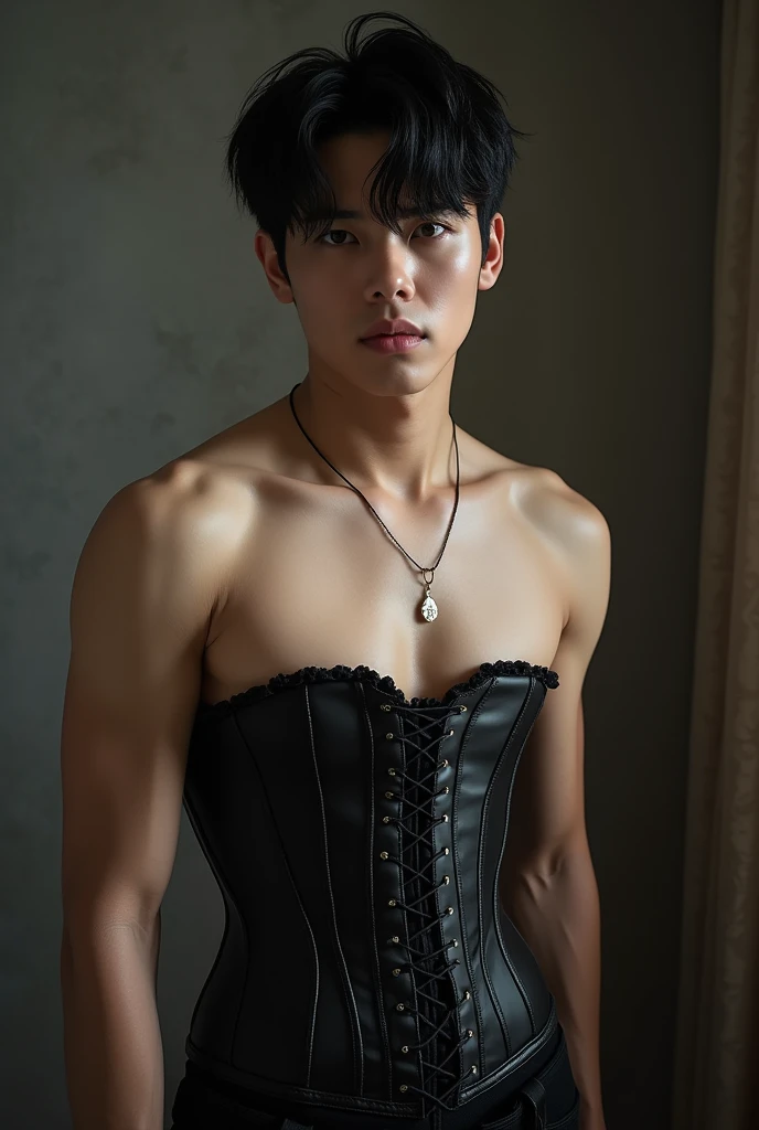 Highest quality, masterpiece, Ultra-high resolution, (Realistic: 1.4), Original photo, wallpaper, Head Photo, skin, Simple Background, iris, detailed, Underground Prison, Male idols,South Korea,Half naked, 18-year-old, Black bow tie, Black trunks,Chained in shackles,Staring at me