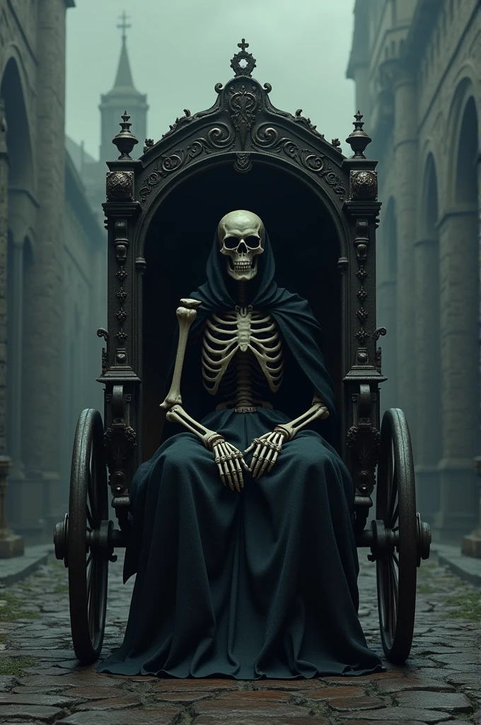 beautiful skeleton with black cape, sitting on a stool, smoking, dark gothic atmosphere, moody lighting, cinematic, dramatic, eerie, supernatural, highly detailed, 8k, realistic, photorealistic, masterpiece, dramatic lighting, chiaroscuro, cold colors, dramatic shadows, haunting, mysterious, macabre, surreal, dark fantasy, intricate details, hard surface modeling