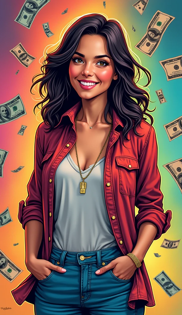A woman, alone, standing erect, holding money in both hands on her chest, a smile on her face.