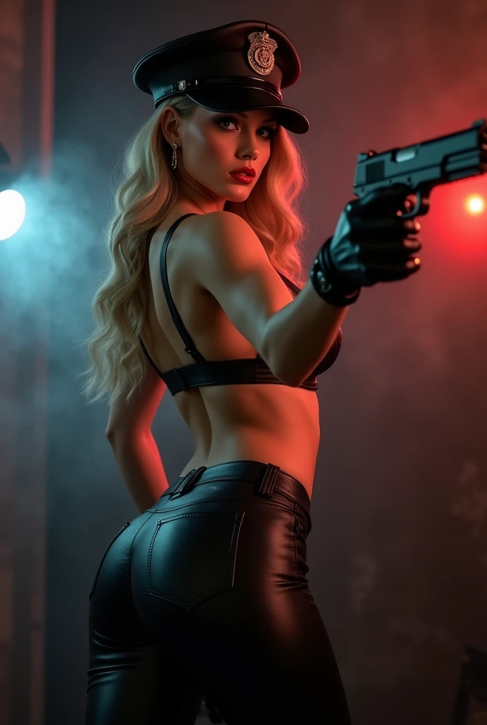 Most beautiful art in the world. wall-paper. cinema poster. 1 GIRL. Sun tan, BIKINI MARKS. Masterpiece artwork, best qualityer, artstation, de Joe Jusko. The image should feature an American woman,  extremely beautiful and sexy, Broad Hips, AT 35 YEARS OLD, long blonde hair, seductive in black leather clothes, black pants and top. thick-thighs, huge silicone breasts. big and round ass. She wears a black top, has large and voluminous silicone breasts, leather pants, glued to the body, Black boots. Wear leather gloves.Has holsters on her waist, with guns on each side. Wears Matrix-style sunglasses. She is tall, slender, musclegirl, Fighting Style, Sun tan, with bikini lines. Uses a belt full of ammunition. She should be portrayed with a dark and shocking presence. The atmosphere must be charged with electrical energy and filled with dark and menacing shadows, roupas detaileds, lifelike textures, (oil painting:1.2), (photorrealistic:1.4), Fantasyart, (detailed, intricate), Bela, dazzling, good anatomy, good proportions, good composition, volumetric lighting, sub-surface Scattering, (higher quality, Awarded, Masterpiece artwork:1.25) . ultra realisitic, cinema quality . best qualityer, ultra detali, Masterpiece artwork, detailedmente, high resolution, 8 k wallpaper. horror film. 
Art in the highest resolution, 700 DPI, 21×30 centimeter format. cinema poster.
The character is only shown from the thighs up. He is in an attacking pose, HOLDING A 12 GAUGE SHOTGUN. wicked grin. show your teeth.