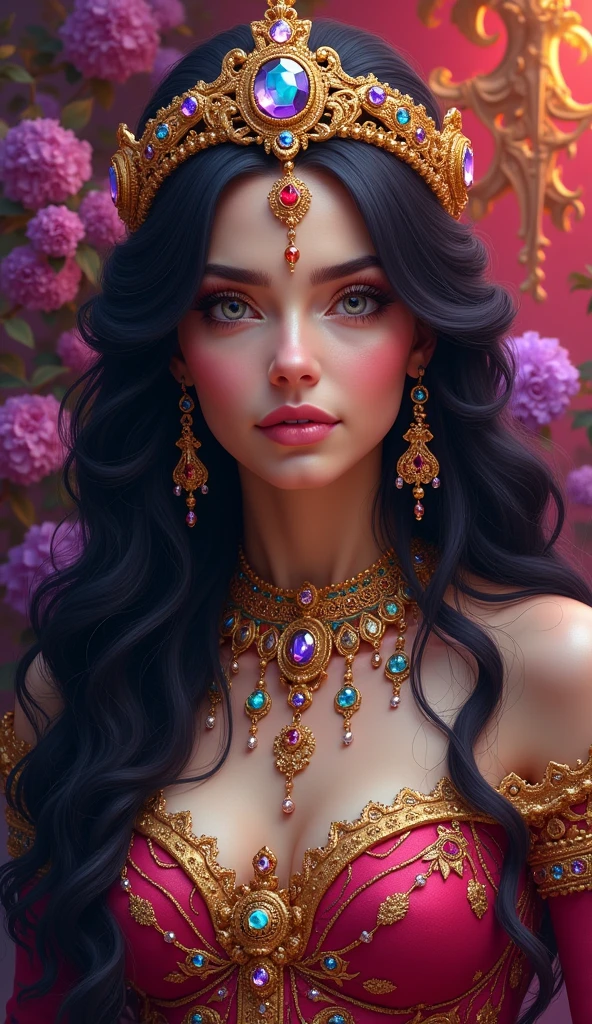 Full color, motley, Gorgeous vamp woman, A bold look, a gold, Pink, Yellow, mint, Crimson, blau, lilac, Gradient hair, long wavy hair, full dark red lips, smoky, Desirable, crystal, delightful, Gorgeous eyes, impassioned, Gentle, Seductive pose, Desirable eyes, suntan, Chocolate body, mother-of-pearl body, tanned skin of the body, Languid look, sexy body, Sexy look, rot, blau, violet, Neon, Chrome-plated chains with torn body, Choker, pout, spit take, Surrealism, Minimalism, Romanticism, Ghibli-like colours, chiaroscuro, cinematic lighting, bloom, first-person view, UHD, masterpiece, ccurate, anatomically correct, textured skin, award winning, best quality, 8k