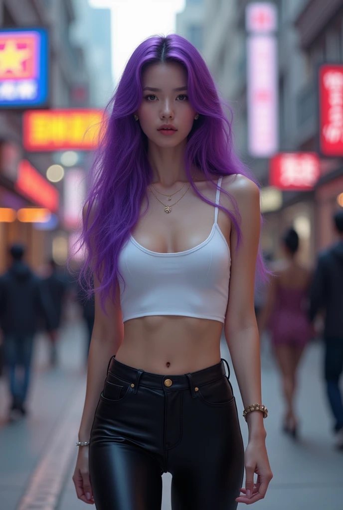(1 lady), (Best quality at best:1.4), (ultra - detailed), (extremely detailed CG unified 16k), A Beautiful Woman with Perfect Figure: 1.4, Sharp Focus: 1.2, very detailed, High-definition RAW color photo, professional photoshooting, amazing face and eyes, cosmetics, (amazingly beautiful girl), ((frederica bernkastel)), ((fancy mix of white gray and black camo pattern combat shirt over white top:1, cotton jacket:1.2, single color blueish purple medium-long skirt:1.2, visible abdomen)), standing, sexyposture，(Stylish urban landscape, day light), (look from down), realistic cinematic face, head to feet long wide zoomed out view, full body long view, photorealistic, ((realistic natural purple hair style, purple eyes, long hair)), gorgeous, extremely beautiful face, perfect model beauty, pout mouth, Highly Detailed Face and Skin Texture, Detailed Eyes, Double Eyelids, Small Sized Natural Breasts, Smile, cleavages, western, (masterpiece), best quality, high resolution, extremely detailed, blurred background, depth of field, cinematic lighting, amazing legs, high heels, clear and well-cared skin, big ass, round ass, athletic, big proportions body and correlation with head size, looking at viewer, front view