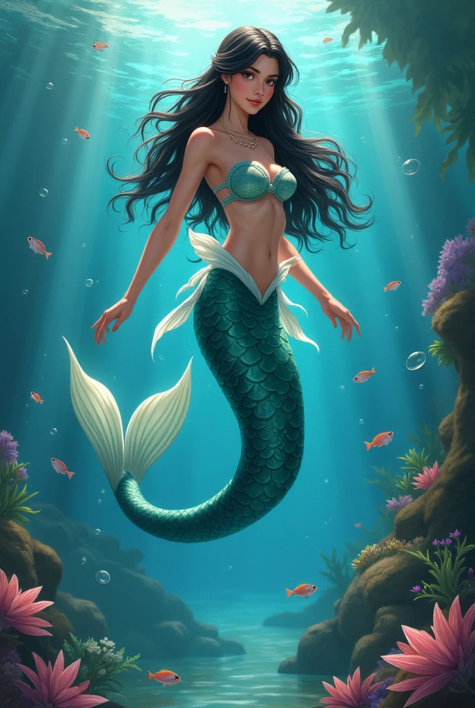 (best quality,4k,highres,masterpiece:1.2),ultra-detailed,(realistic,photorealistic,photo-realistic:1.37),teenage boy meets a mermaid at a lagoon and gets magically transformed into a cute female mermaid, gender-bending, anime style, beautiful detailed eyes, gorgeous long black hair, happy expression, cute smile, pink and vibrant colors, pink mermaid tail, bra made of seashell and pearls, sparkling ocean depth, coral reef and seaweed, gentle underwater sunlight, sparkling water,coral reef,beautiful marine creatures, sunshine, joyful expression,weightless, ethereal,smooth skin,playful,captivating,luminous scales,flowing hair,delicate features,mystical aura,innocence,magical energy,pure joy,effortless swimming, enchanting,serene atmosphere,glistening seashells,iridescent colors,mesmerizing,transformation symbolism, graceful movement,imaginative,fantasy world,adventure,fun discovery,unforgettable, fun and whimsical atmosphere, a new mermaid friend, female friendship, laying on a rock.