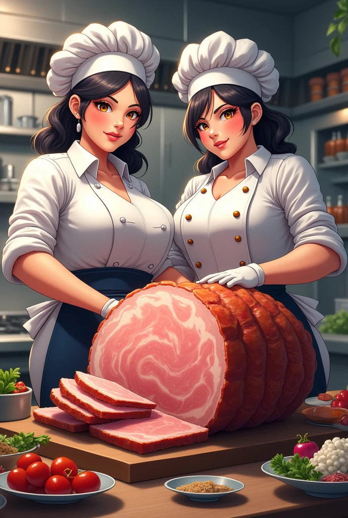 (highest quality:1.2),(Perfect beautiful face:1.2),(Perfect and beautiful posture:1.2),(Three extremely sweaty wrestlers,((Sweaty body:1.2), (Thick eyebrows:1.0),(Chubby:0.8), (Wearing a sweaty white apron, (sweat stain:1.3)), The smell of sweat drifts, Beautiful dark eyes,smile, (mature female), A lot of meat is being grilled in the kitchen, A lot of meat juice overflows