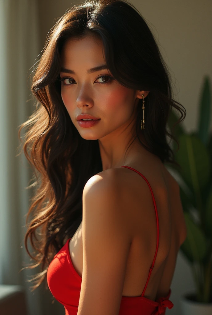 A beautiful detailed portrait of a white-skinned woman with long curly hair, wearing an elegant red dress, with a snub nose and bright brown eyes, (best quality,4k,8k,highres,masterpiece:1.2),ultra-detailed,(realistic,photorealistic,photo-realistic:1.37),HDR,UHD,studio lighting,ultra-fine painting,sharp focus,physically-based rendering,extreme detail description,professional,vivid colors,bokeh,portraits,VSCO filter: C8