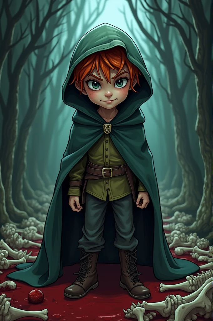 Dejected young boy with red hair and short straight hair in a dark blue hunting uniform and a yellow bandana around his neck holding a knife with blood running down it in the middle of a dark forest