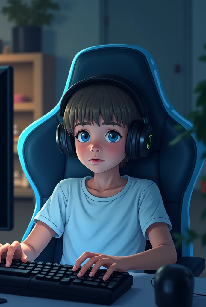 boy facing a computer listening to music