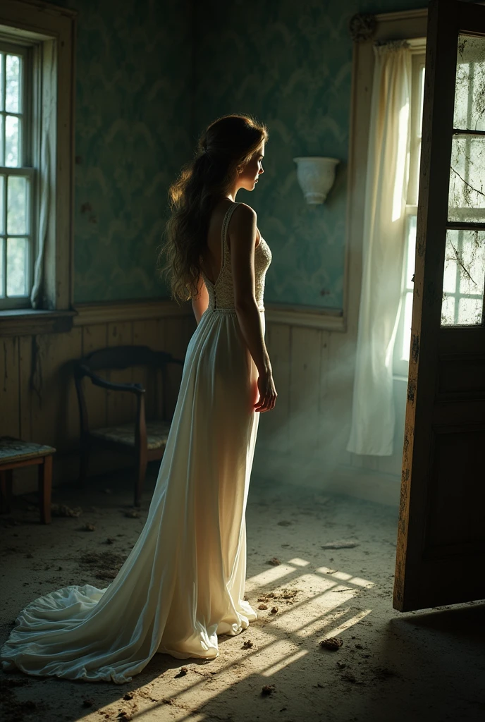 high resolution raw dslr full body shot photo of tatms,a woman,long blonde curly hair,red countour eyes,white long dress,standing barefoot in a room,front view,looking at viewer,dark,dimly lit,illuminated from behind,realistic skin texture,pores,sunny,sweaty skin,cinematic,depth of field,masterpiece,volumetric lighting,cinematic,surreal dramatic shadow,rim lighting