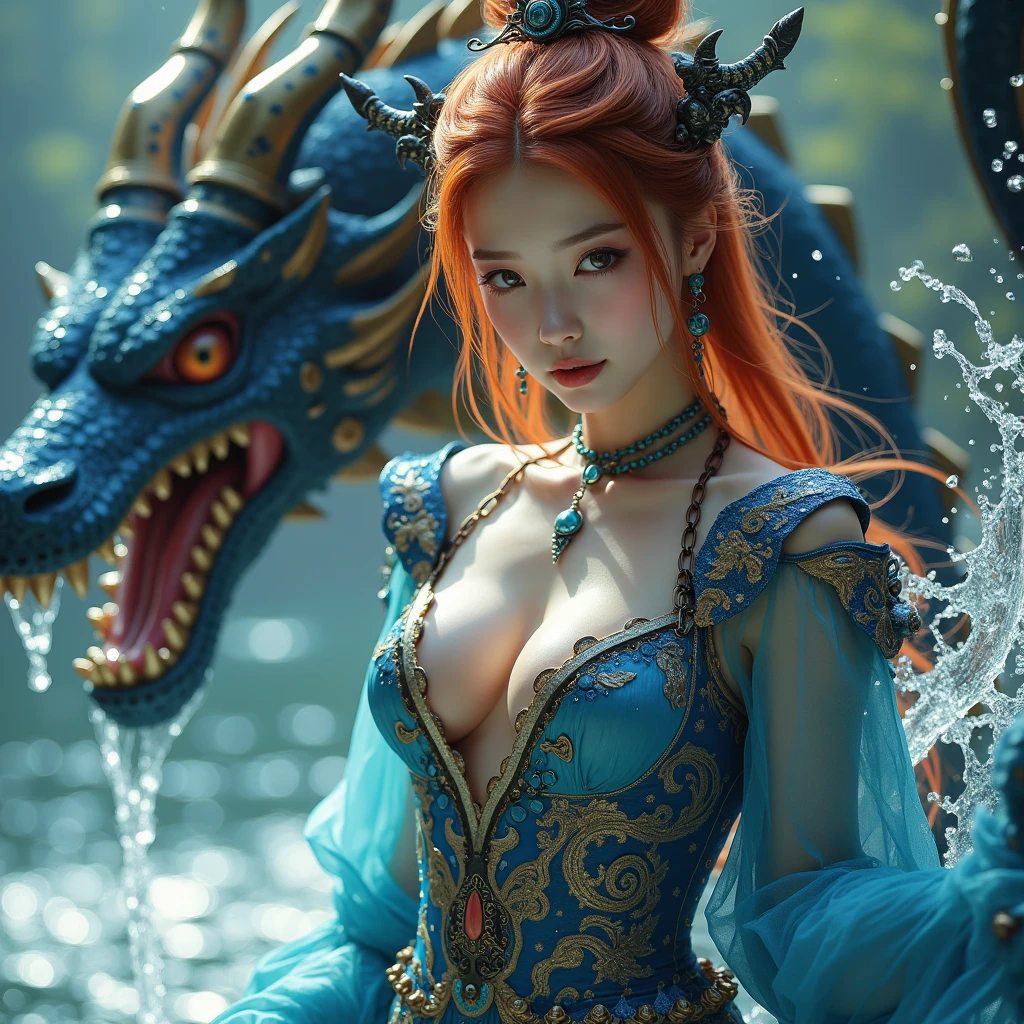（（best qualtiy））， （（tmasterpiece））， （A detailed： 1.4），   （（Orange-red hair）），Sparkling，Colorful sea，Pure face，downy，at centre，The proportions fit the size