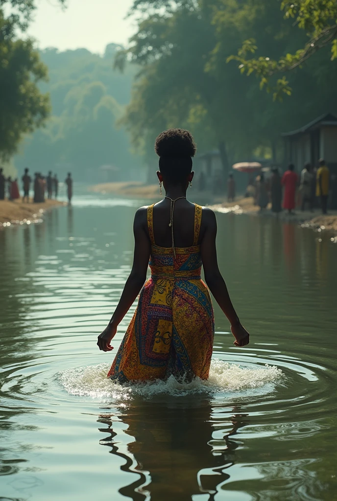 Mitologia africana. Mulher bonita, 30 anos, saindo das ondas revoltas do rio, vestido amarelo e cobre, colar de conchas. Moving water scene, luz do sol