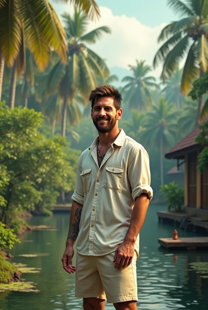 homem bonito, pele castanha, bigode fino, wearing pants and a light linen suit, not shirt, hairy chest and a white hat with a black sash, He's coming out of the Amazon River with body parts still in the water at night. Full moon in starry sky.