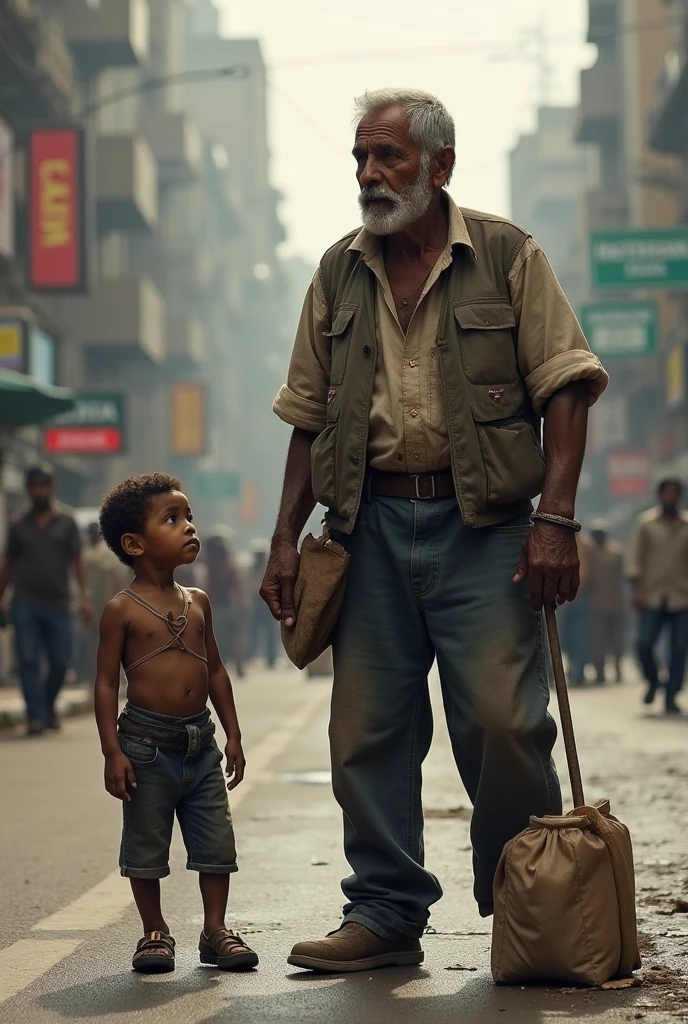 A young lad, radiant with kindness, tenderly assists an elderly gentleman, humpbacked and bearing a weathered wooden stick, as they traverse a bustling city street. The young boy provides steady support with a gentle grip on the old man's arm, exhibiting patience and empathy. The old man graces him with a heartfelt smile, expressing his gratitude. The backdrop showcases the urban hustle and bustle, with cars halted at a traffic light, pedestrians moving along the sidewalk, and buildings casting long shadows along the pavement. The daylight, filtered through the clear skies, bathes the scene in a warm, bright glow, creating a vivid and