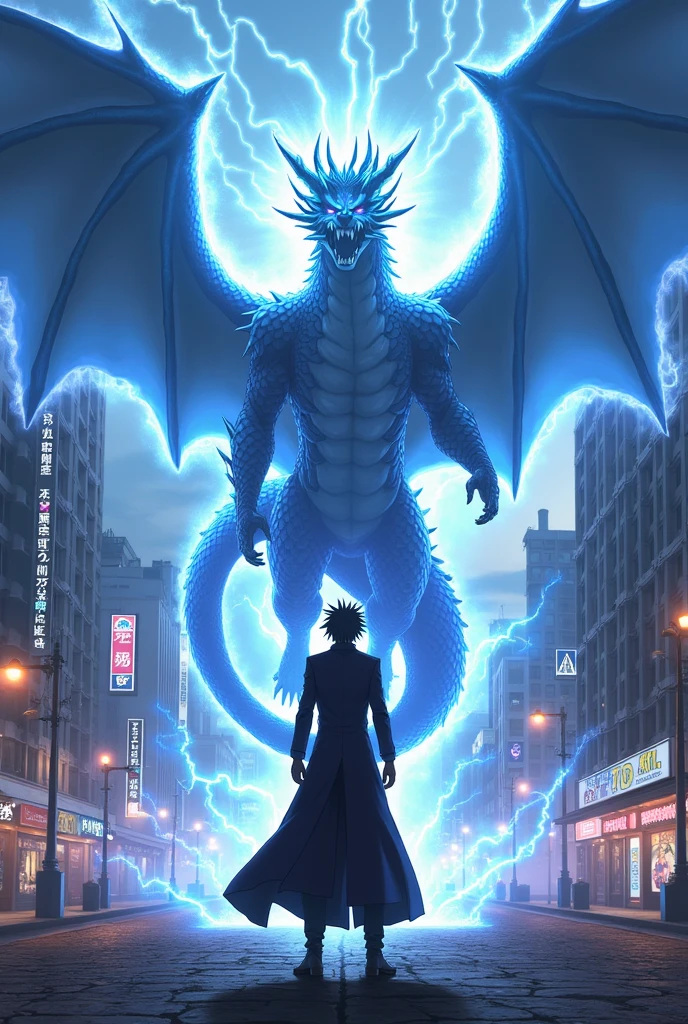In a holographic arena, YuGiUh players call their monsters to do battle, one player strikes a dramatic pose as he calls out a Blue Eyes White Dragon! cyberpunk Tokyo, wildly over dramatic
