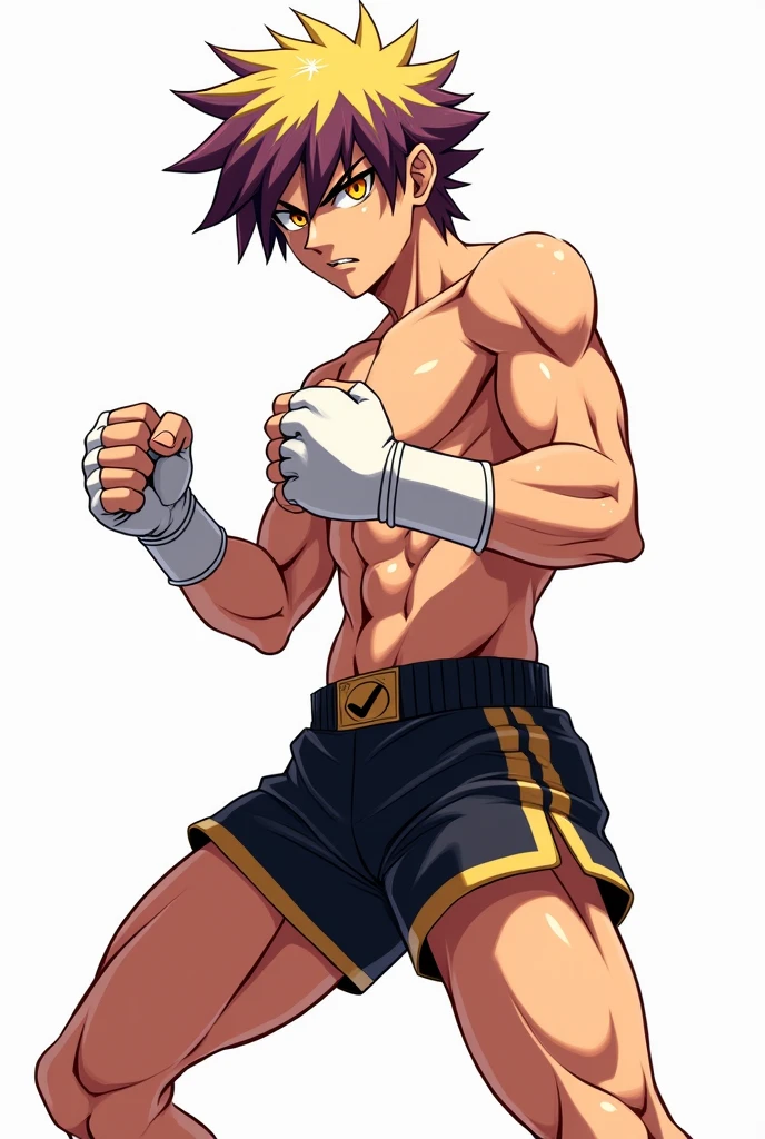 20 year old man, rough appearance, masculine, muscular, MMA fighter, short shaved tousled blue hair, green eyes, wide eyebrows, Whole body, tight blue compression shorts, shirtless, MMA gloves, anime style.