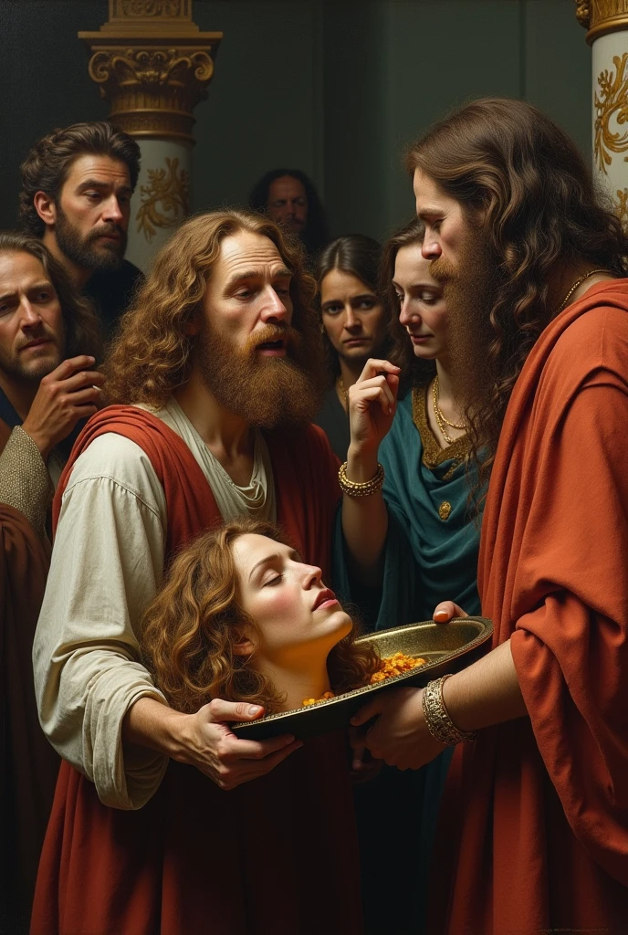 Draw an allegorical picture in style "The Last Supper". Scene: luxurious feast after a long with a wooden table, with a set meal — meat, fruit, cups of wine. Characters sit along the table, as if from antiquity. two men sitting on either side of a woman, both molest her — one hugs her waist, the other whispers in her ear, their poses are passionate and obsessive.  