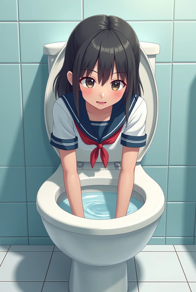 surveillance camera,BREAK.(Private toilet),(on toilet),(tiled floor),BREAK,(squatting:1.1, spread legs:0.9),(leaning forward),BREAK,high school girl,(Navy Blue,Cute Sailor Uniform,Checkered Pleated Skirt)
