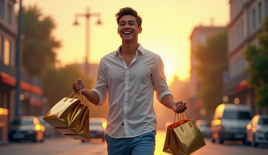 A smiling man with shopping bags in his hands leaving a store with only part of his abdomen up