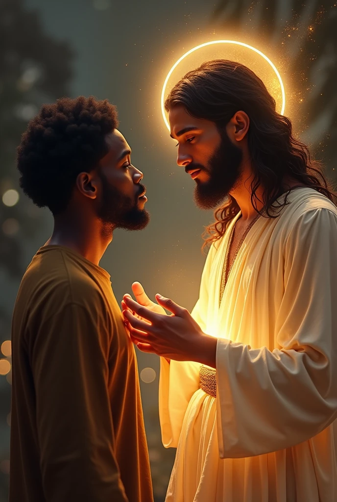 A black gay man wearing an LGBT t-shirt talking to Jesus Christ