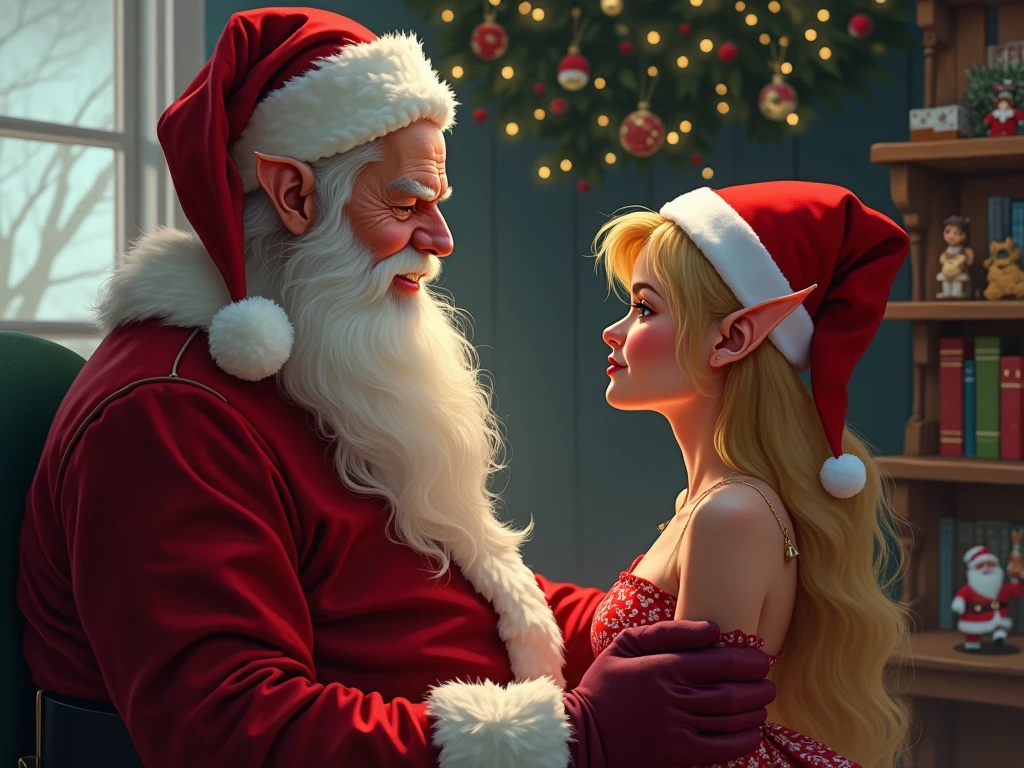 Merge the old and new as Santa, surrounded by fractal hourglasses, delivers presents in an antique setting adorned with classic 3D Christmas ornaments. enormous tits