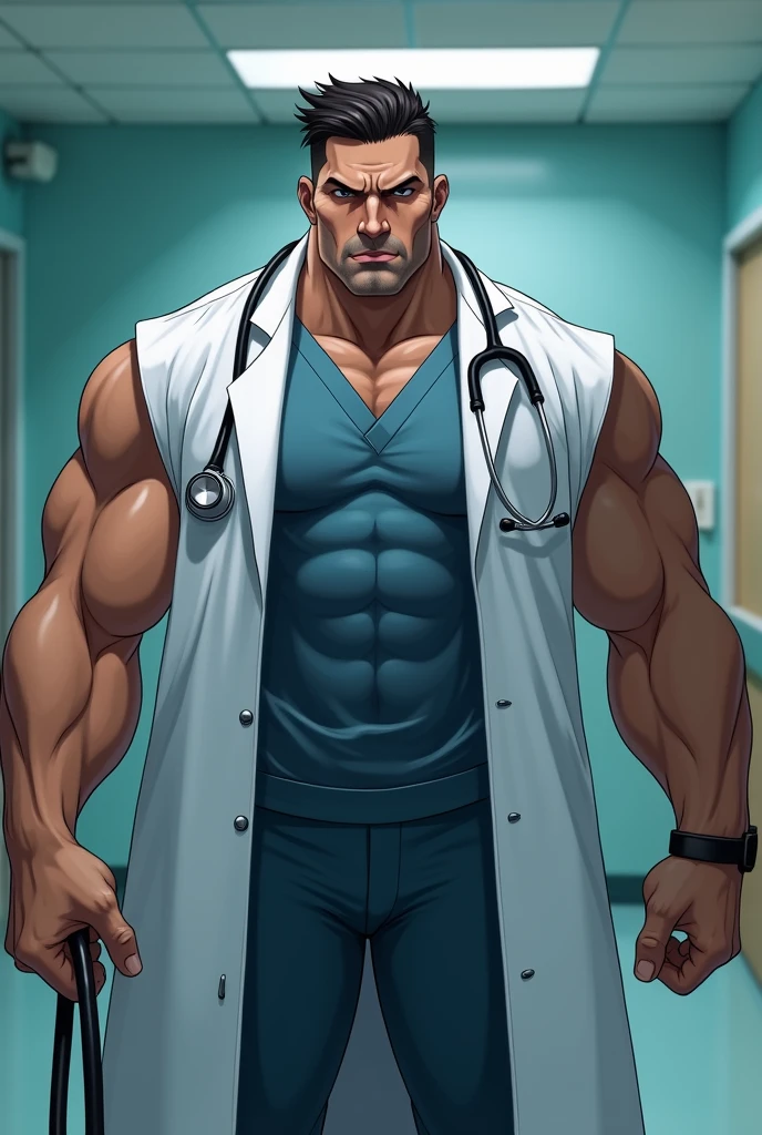 Several characters on the scene (a doctor, several muscular men). A doctor, exaggeratedly muscular, black and white hair, black eyes, scars across his mouth, swollen lips, masculine face, maniacal smile, obscene expression, sweaty, oily skin, huge chest, muscular thighs, huge biceps, wearing a white medical coat, rectangular glasses, black dress pants (fitting), black dress shoes. The doctor is in a dirty asylum (walls stained red), with several Zombie (muscular) men, naked backs, obscene expressions, caressing themselves in a sexy way.