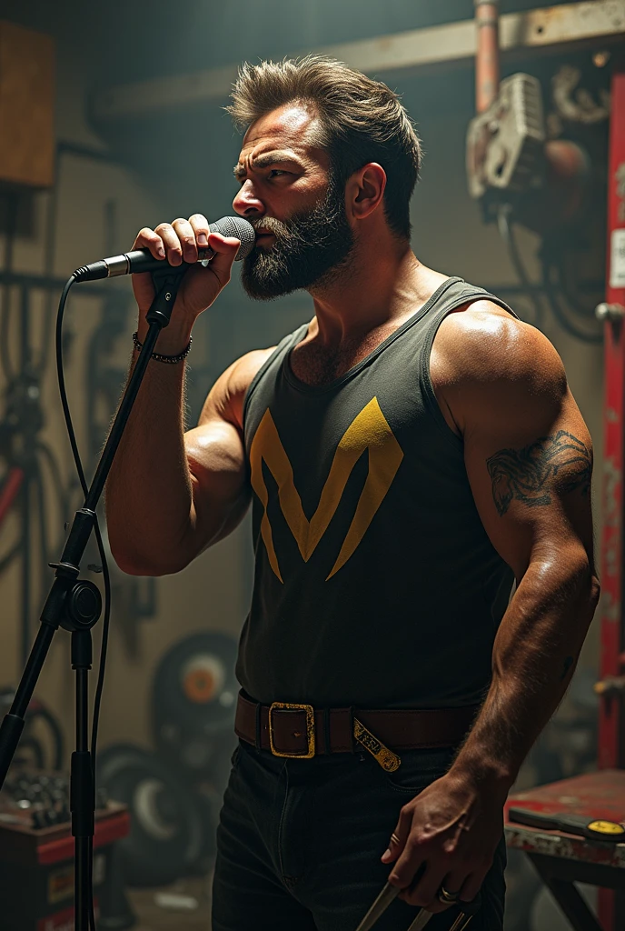 Homem branco,de cabelo crespo,com olhos brancos,corpo musculos,rosto lindo, wearing a gray blouse with a beautiful digital watch on her wrist, cargo pants,he is standing on a stand-up stage because he is a comedian