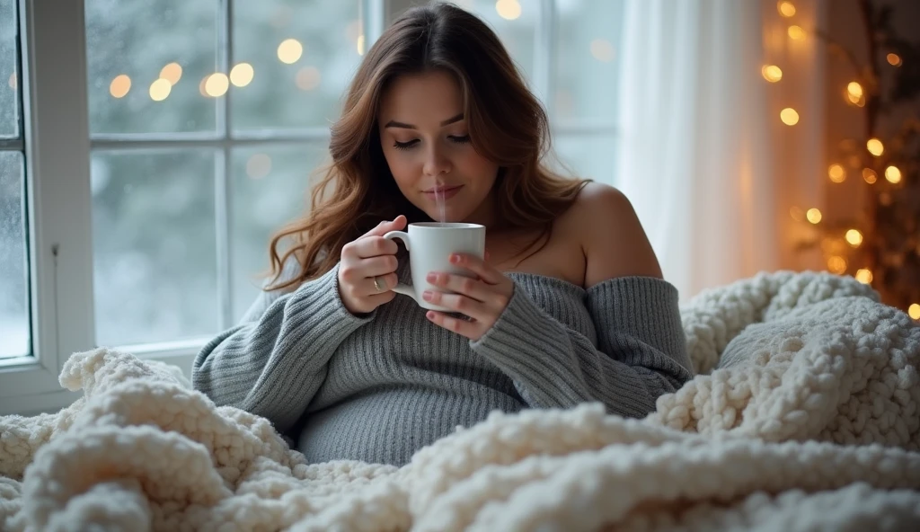 pregnant woman sitting on a couch with a cup of coffee, pregnant belly, Comfortable的氛围, pregnant, maternal feeling, 怀pregnant, Comfortable, Comfortable and calm, Comfortable, bouncy belly, Comfortable vibe, With natural light as background, lovely woman, Absolutely outstanding image, Comfortable aesthetic, full length, late morning, Long black hair, relax on sofa,black hair