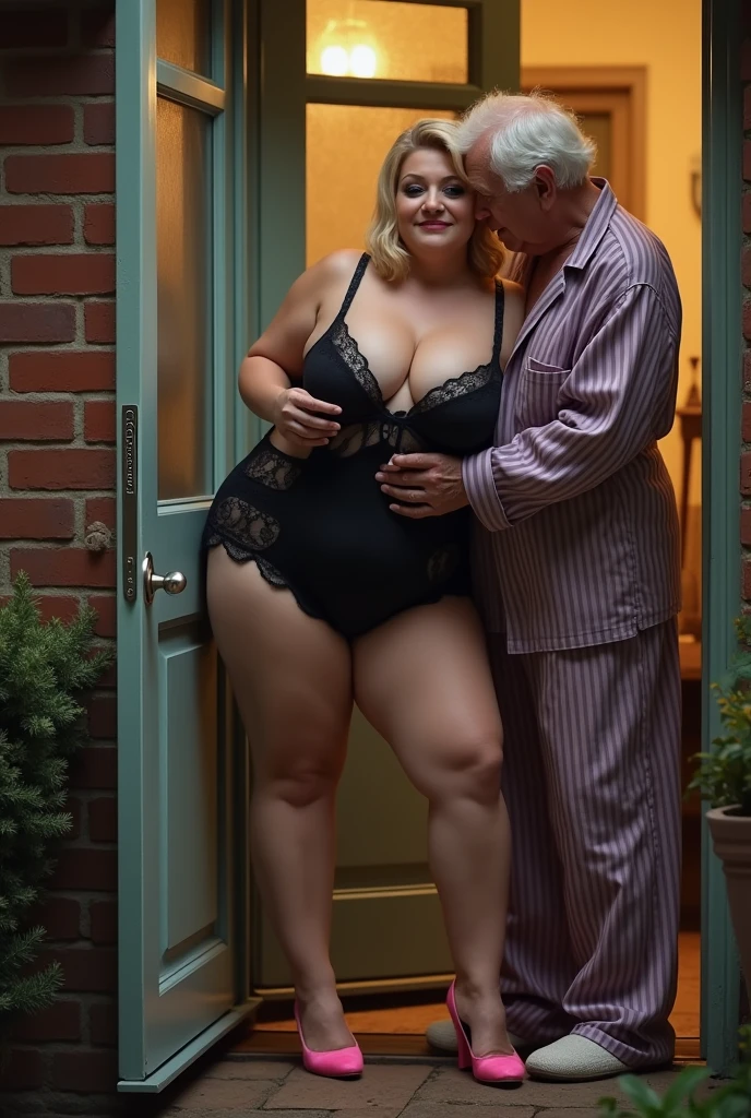 bbw superheroine is standing and paralyzed in front of an old man who is choking her, full body, mature bbw, submissive and exhausted, bbw