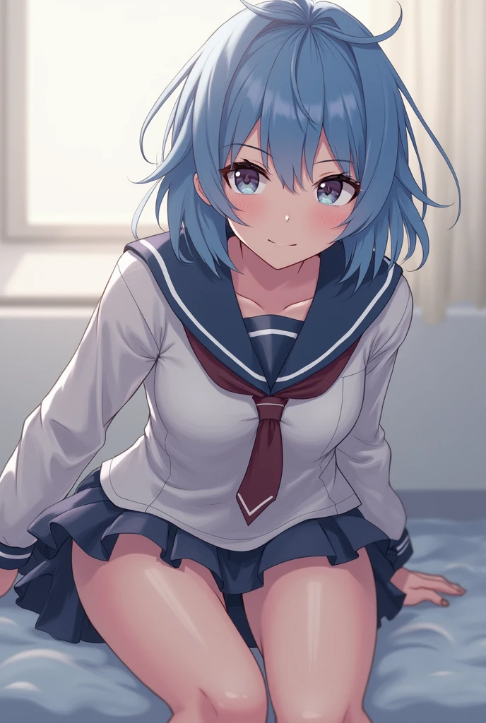 1 girl, glossy lips, glossy body, short hair, red lipstick, blue hair, golden hair, two-tone hair, red eyeshadow, spiked hair, blazer uniform, flared skirt, pink blush, sparkling eyes, high school girl, glossy hair, tall, beautiful legs, sailor uniform, blouse, shorts