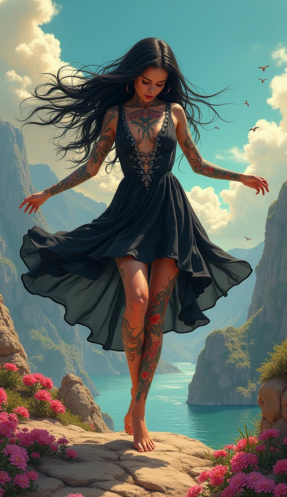 a gorgeous girl standing on sand wind in the hair, tiro de corpo inteiro,(((ultra warm bright pastel colors))), laranja rosa branco cores, foco nítido, lute, ultra insane high resolution intricate textures, recuo de textura, (((((Carlos Bowater, arte por Alena Aenami, arte por Albert Bierstadt, arte por Carne Griffiths))))), Luminismo, light placement art, octan render, ultra intrincadamente detalhado, Ultra maximalismo, Romantismosumikakushi,limited palette,1girl, horns, solo, dress, purple eyes, white background, black hair, thighhighs, bare shoulders, black dress, cowboy shot, wings, simple background, gloves, short hair, smile, elbow gloves, black gloves, hand up, looking at viewer, zettai ryouiki, cross, choker, tattoo, pointy ears, halterneck, black choker, standing, short dress, bangs, head tilt, x hair ornament, jewelry, black thighhighs, thighs, earrings, breasts, parted lips, black wings, collarbone