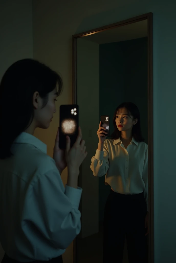 20 year old woman taking a picture of herself in a mirror. the point of view of the photo is in her phone. the woman is rather tall with brown hair and is wearing a summer outfit. the image is realistic and is made in a somewhat dark place