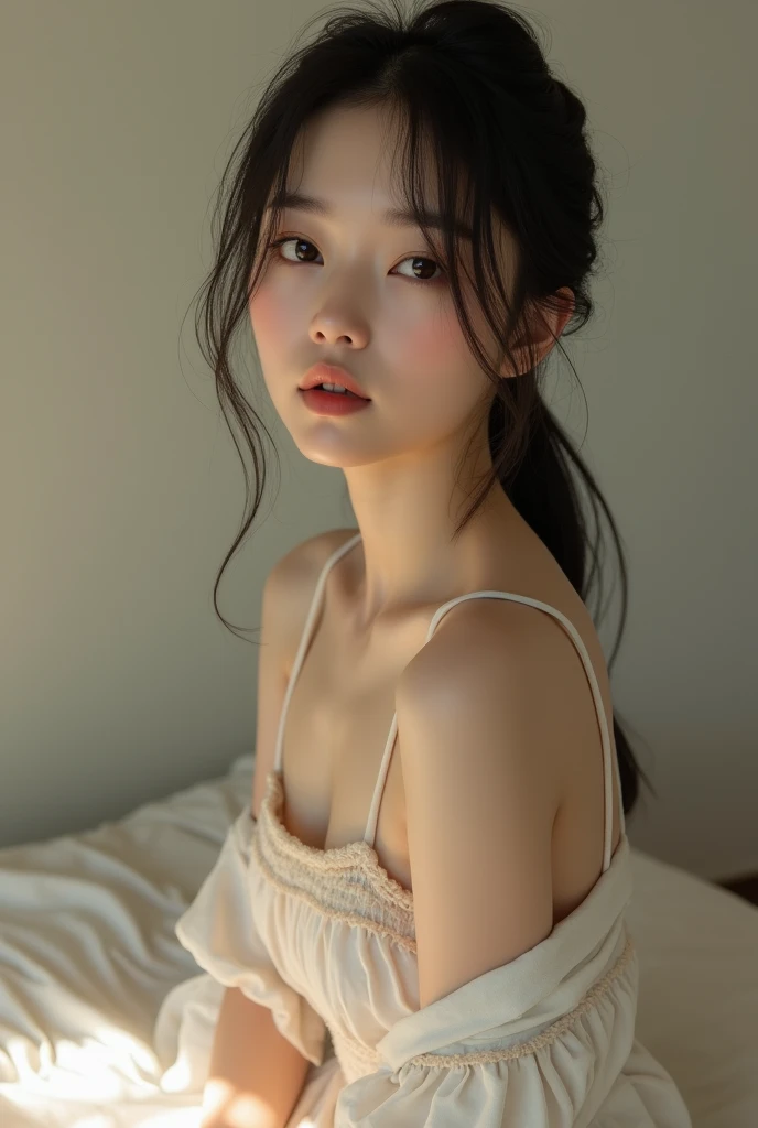 ((Highest quality)), ((masterpiece)), (detailed), One girl, Sexy shot, 4K,extremely cute、Idol-level cute face、Well-formed face、Marugao、Long, narrow, large and delicate eyes、Baby Face、LOFI Image、Best shot、The best smile、smile、Female Japan 25 years old、Off-the-shoulder shirt、Golden ratio of face、balance、Real Body、Plump、No makeup、Sitting on the bed、calisthenics、valley、Ultra Angle、Hair clip、ponytail、She&#39;s coming at me with a lot of sex appeal.。